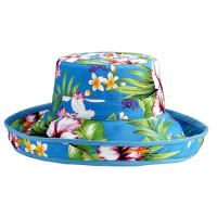Breton Hats – 12 PCS Cotton Canvas w/ Tropical Flower Print - Turquise - HT-6529TQ